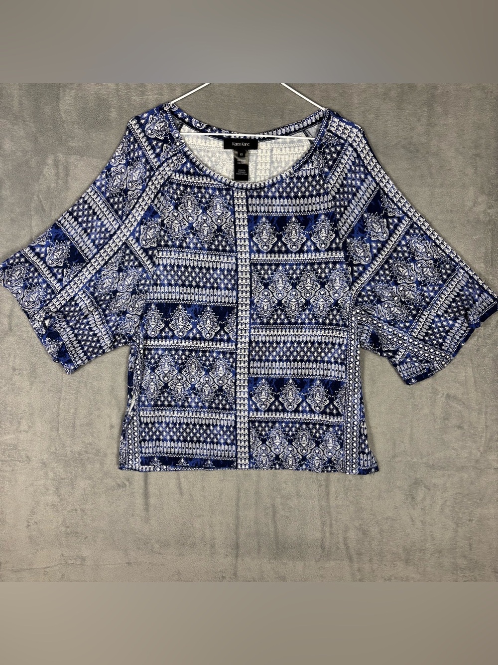 Karen Kane XS Top Blue White Boho Paisley Tile Print Wide Sleeve Blouse